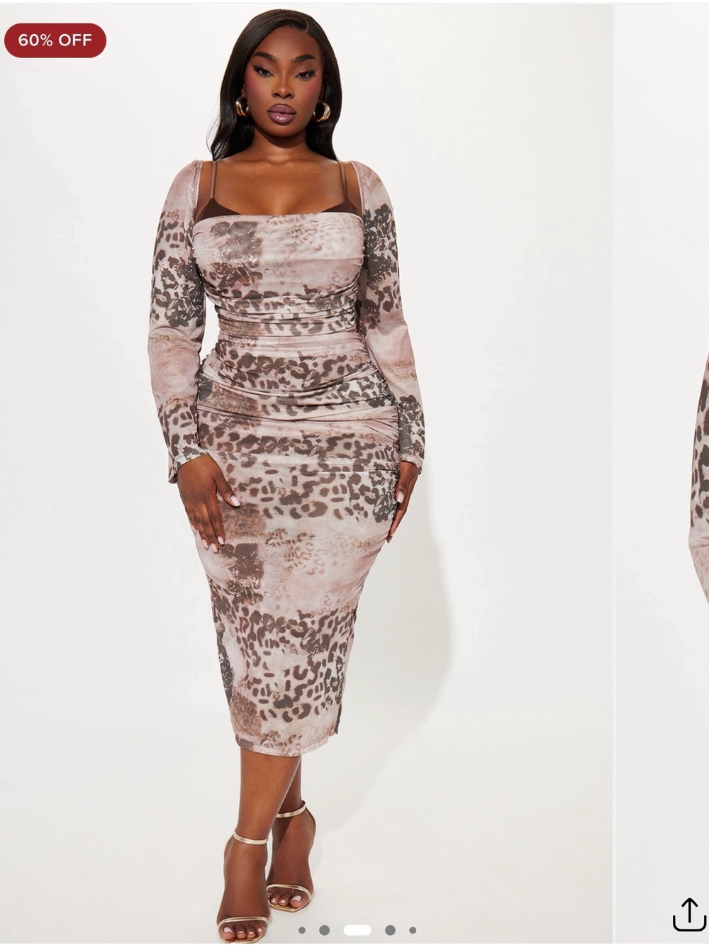 Fashion Nova Taupe Leopard Ruched Midi Dress